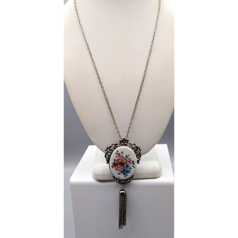 Vintage Floral Tassel Pendant Necklace, Porcelain Flowers in Silver Tone Ornate